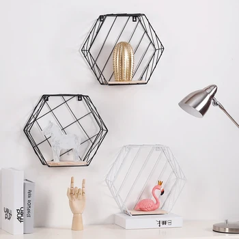 

Nordic Iron Hexagonal Grid Wall Shelf Combination Hanging Geometric Figure Decoration Display Rack Decorate Living Room Bedroom