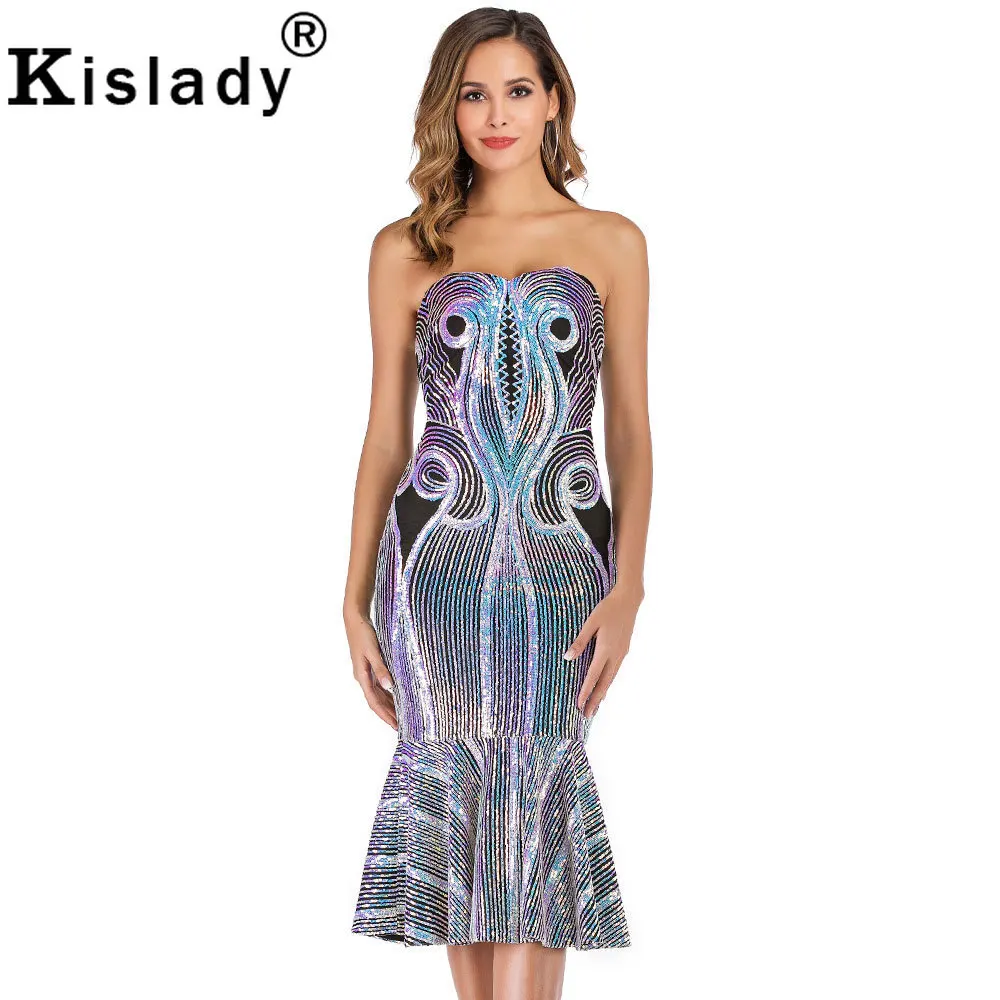 strapless sequin midi dress