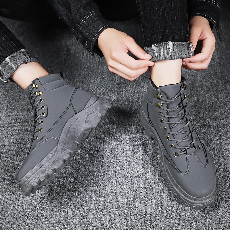 

2019 Men Boots High Quality Winter Fur Warm Ankle Snow Boots Men Winter Rubber Work Boots Men Sneakers Beige Gray *L588