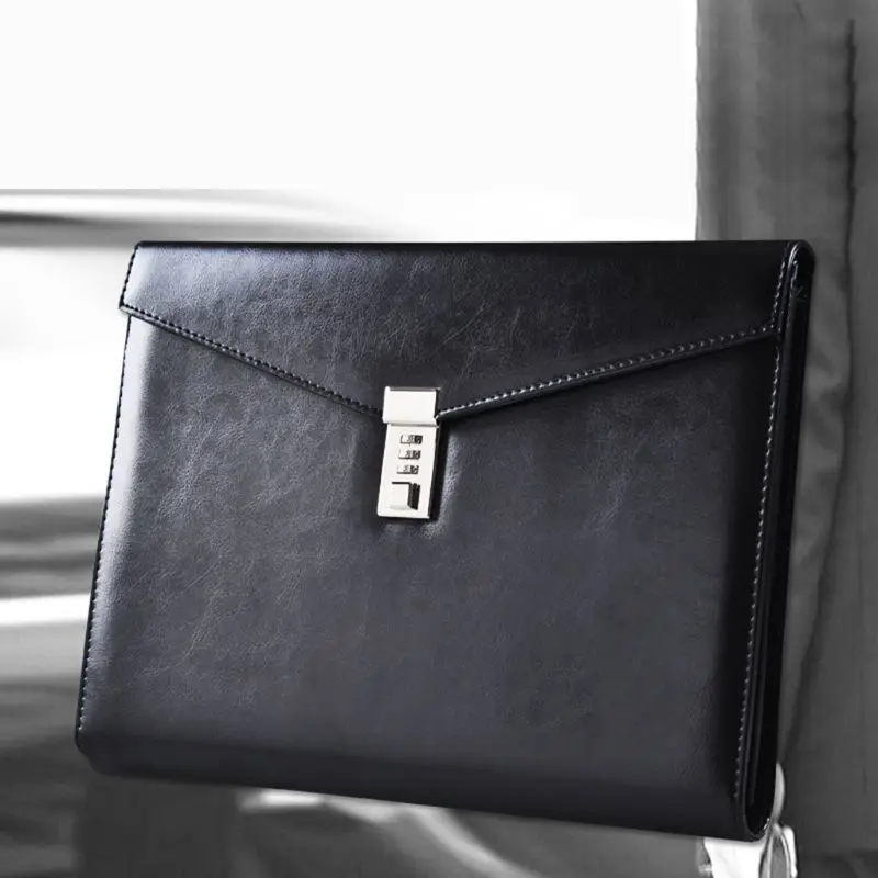 

A4 Document File Folder Bag with Password Lock Briefcase Organizer Black PU Leather Office Manager Bag Travel C26
