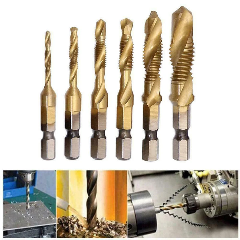 

6pcs M3-M10 HSS Drill Bits Titanium Thread Cutter Hexagonal Shank Drills Set for Wood Cutting Drilling Polishing