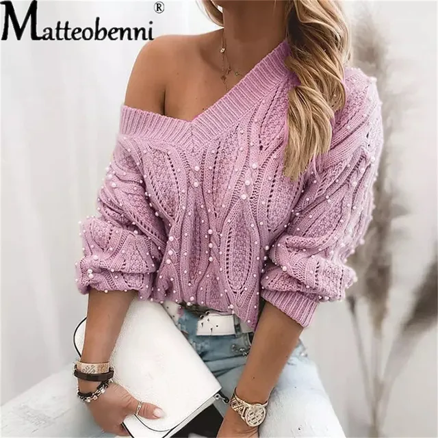 Autumn Winter 2021 Pearl Casual Loose Sweater Women Knitted Jumper Pullovers Fashion Long Sleeve V Neck Pull Femme Oversized Pink