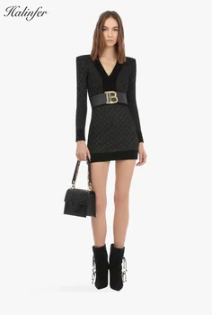 

Elegant Dress Black Button Good Quality Stretch Rayon Vneck Full Bandage Dress Slash Neck Celebrity Cocktail Party Dress Vestido
