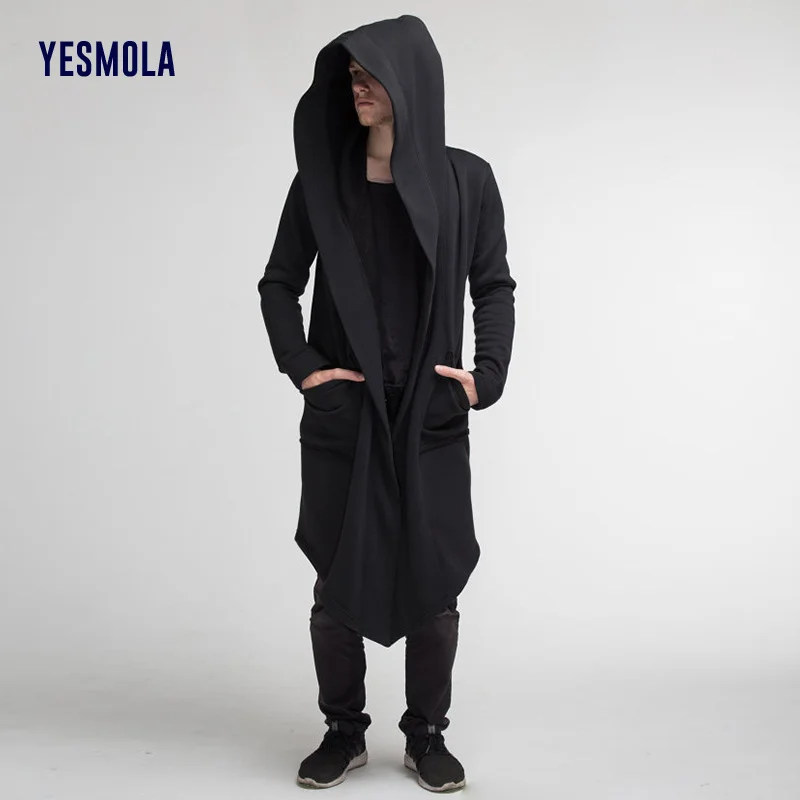 YESMOLA Men's Coat Warm Long Cardigan Cloak Coat Hooded Sweater Hip Hop Mantle Hoodies 2021 Autumn Winter Solid Sweatshirts