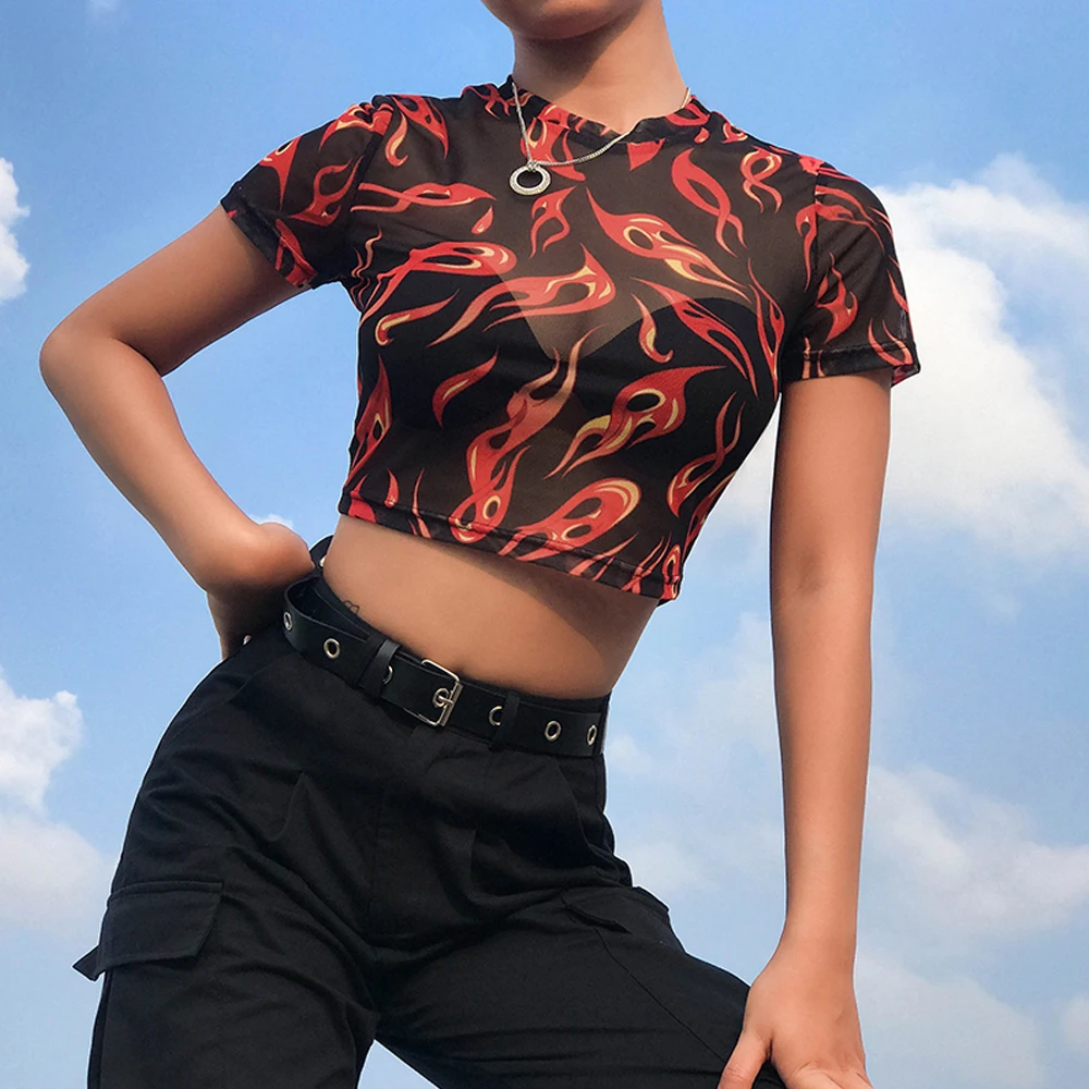 

Women Sexy Perspective Short Sleeve Crew Neck Flame Print Sheer Mesh Angel Crop Top Holiday