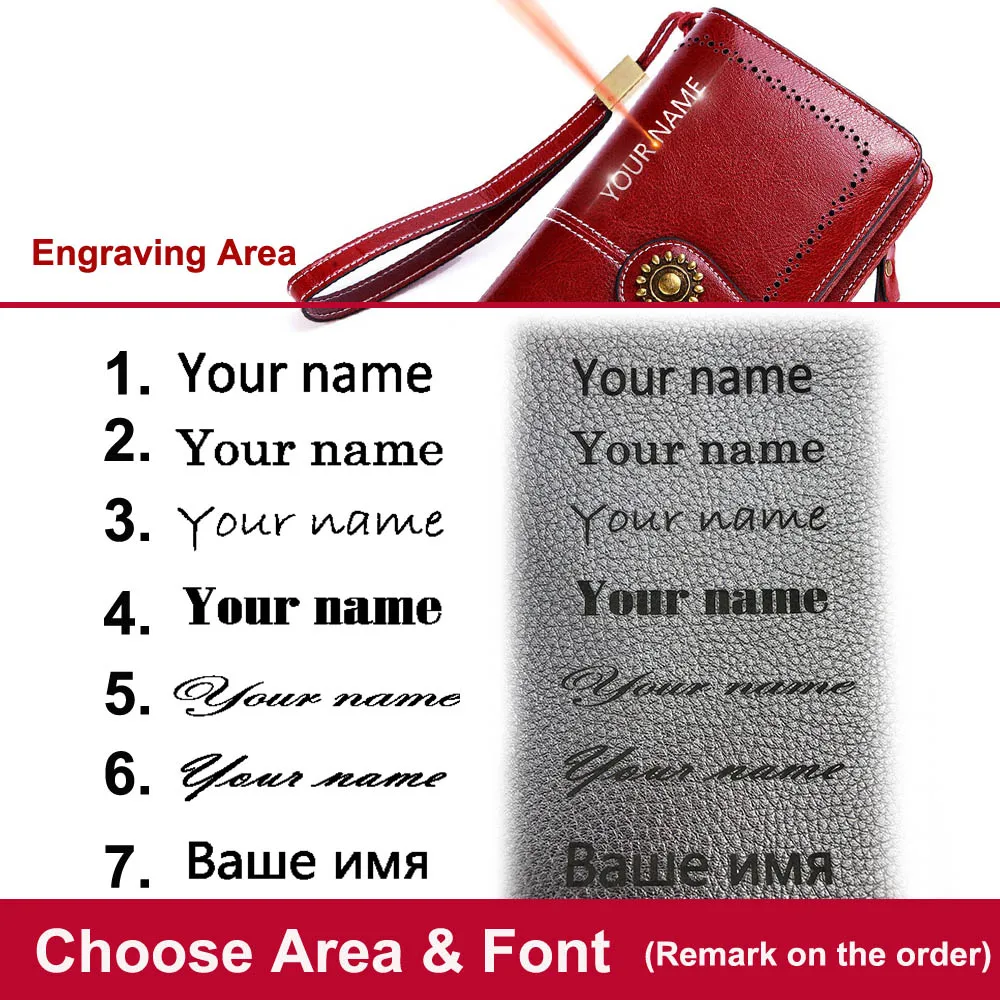 2022 Leather Women Wallets Name Engraving Genuine Leather Female Wallets Large High Quality Fashion Photo Holder Women Purse 2