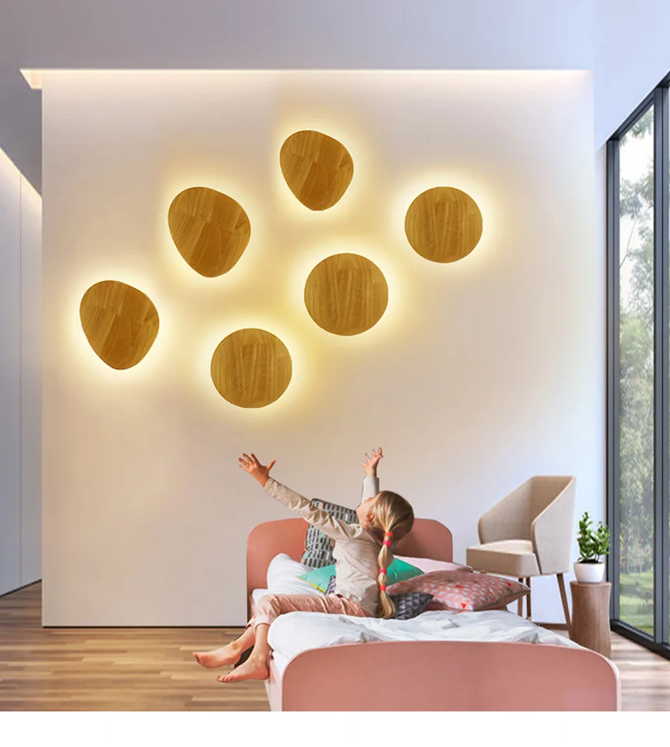 Wooden LED wall lamp wooden craft round oval decorative lamp indoor lighting wall-mounted warm light simple decoration