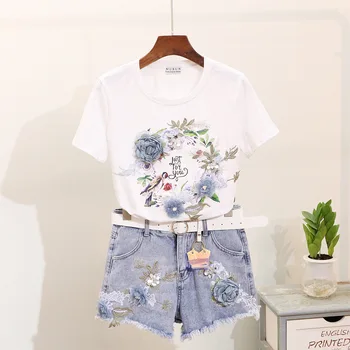 

Women's embroidery stereoscopic flowers printing short sleeve T-shirt + raw edge denim shorts Sets