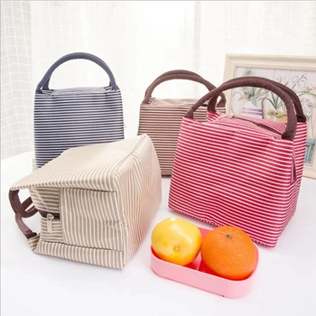 

Women Portable Canvas Lunch Bag Stripe Insulated Cooler Bags Thermal Food Picnic Kids Lunch Box Bag