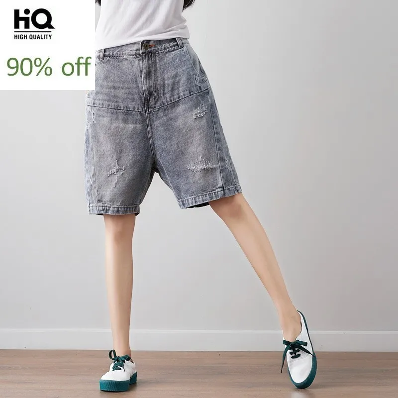 

2020 Summer Casual Shorts Jeans for Women Vintage Ripped Grey Knee Length Denim Pants Loose Fitness Persinalized Short Feminino