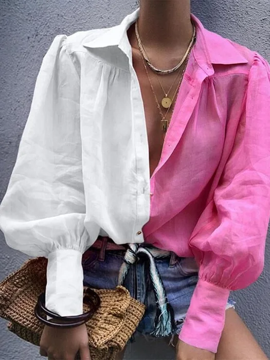 Осенняя женская элегантная Базовая OL стильная рубашка Женская Полосатая Рубашка для отдыха цветная блузка с рукавами-фонариками - Цвет: Розовый