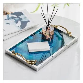 

Stainless steel glass storage tray American blue agate stone tea set tea tray living room coffee table coffee set storage tray