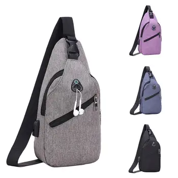 

Casual Men Solid Color Chest Messenger Bag Crossbody Shoulder Pouch with Portable Earphone Jack Zip USB Interface Sling Bag Men