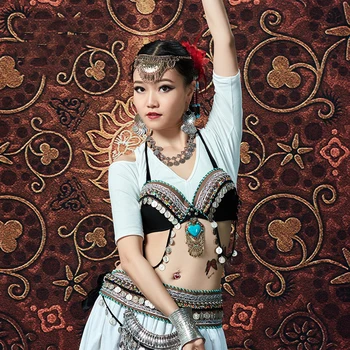 

New Women Belly Dance ATS Tribal Dancewear Metallic Studs Bra Vintage Coins Gypsy Dance Tops Tassels Push Up Plus Bra