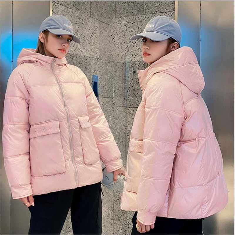 

Lingwave Glossy Thick Hooded Big Pocket Short Coat Winter Loose Student Casual Warm Bread Clothing Female Pink Jacket Large Size