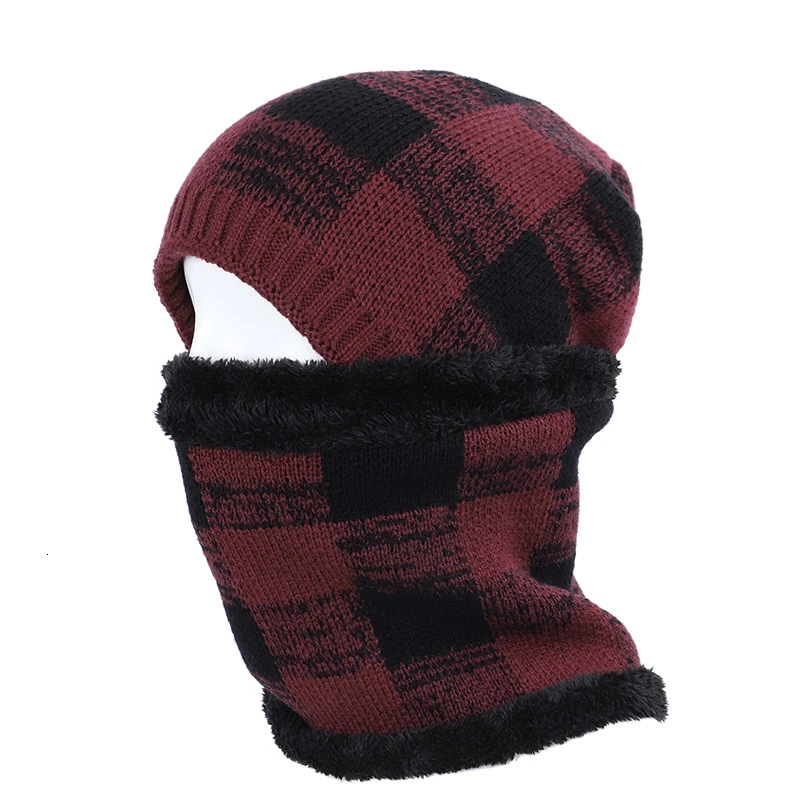 style5 wine red Комплект из 2 предметов, зимняя шапка, Шапочка-шарф, теплая вязаная шляпа, толстая флисовая подкладка, зимняя шапка и шарф для женщин, толстая шапка с черепом для мужчин - Цвет: style5 wine red
