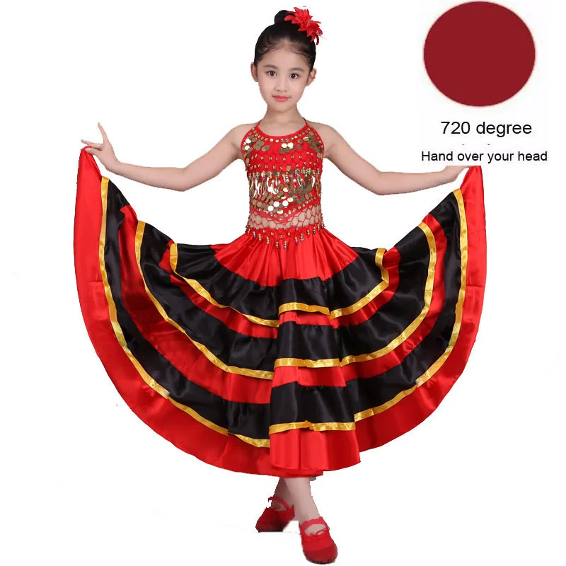Танцевальное платье для девочек; испанская юбка для фламенко и цыганки; платья для сцены и хора для девочек; Испанский костюм для детей ростом от 100 до 150 см - Цвет: Color1 720degree