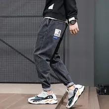 Japanese Fashion Men Jeans Black Color Loose Fit Spliced Denim Harem Pants Elastic Waist Designer Streetwear Hip Hop Jeans Men