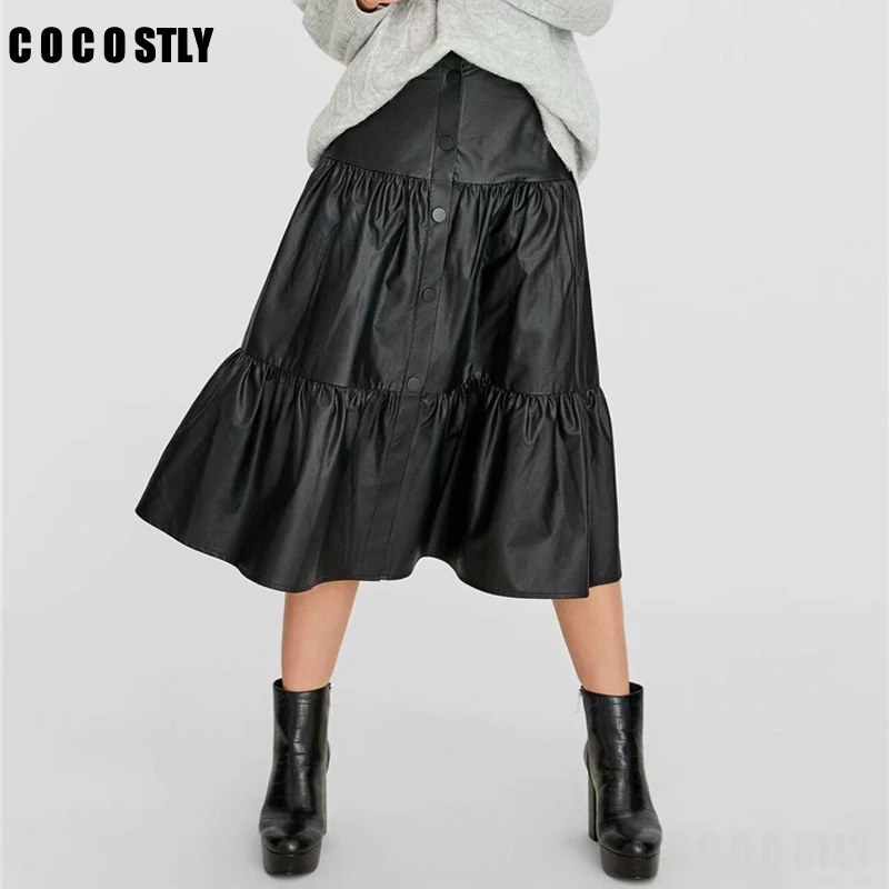 Новинка, Женская юбка, шикарная, черная, искусственная кожа, пуговицы для юбки, высокая талия, базовая, женская, повседневная, до середины икры, стильные, плиссированные юбки, mujer