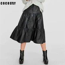 Новинка, Женская юбка, шикарная, черная, искусственная кожа, пуговицы для юбки, высокая талия, базовая, женская, повседневная, до середины икры, стильные, плиссированные юбки, mujer