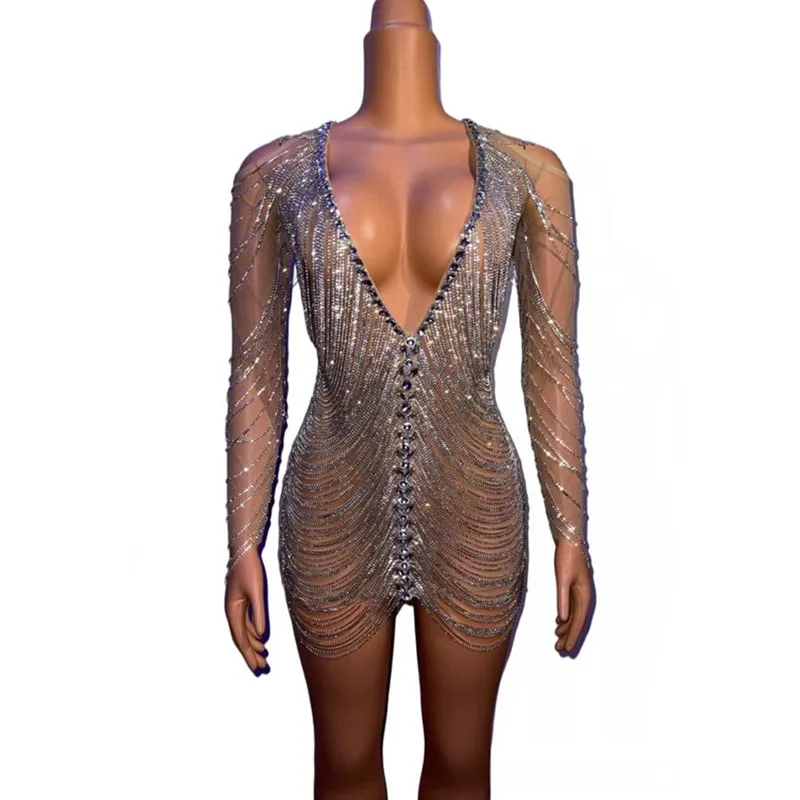 

Women New Sexy Silver Crystals Chains Outfit Hollow Dress Design Party Dj Female Singer Nightclub See Through Costume