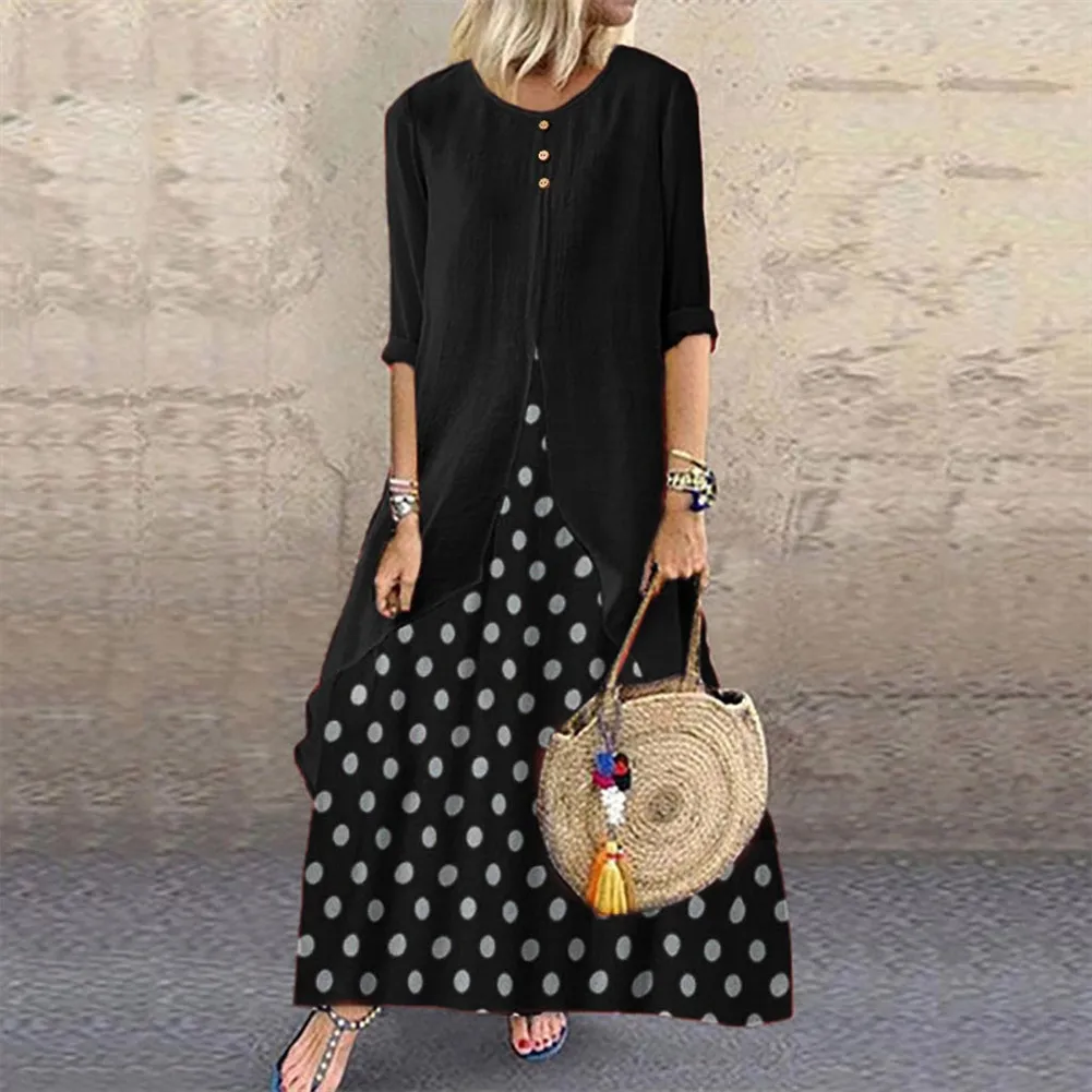 5XL Boho женское элегантное платье с длинными рукавами осеннее женское длинное Макси-кафтан платье свободного кроя в горошек Плюс Размер Vestido