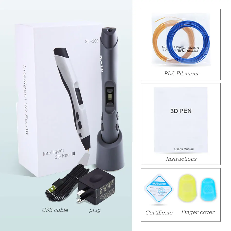 3D Printing Pen SUNLU SL-300 3D Pen Plug 3D Printing Pens Support PLA/ABS Filament 1.75mm 8 levels Speed Control Child Christmas Gift