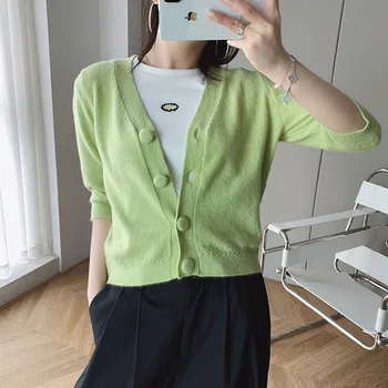 

Women Green Color Knit Short Cardigan V-neck Half Sleeve Single Breasted Knitwear Sweater Coat