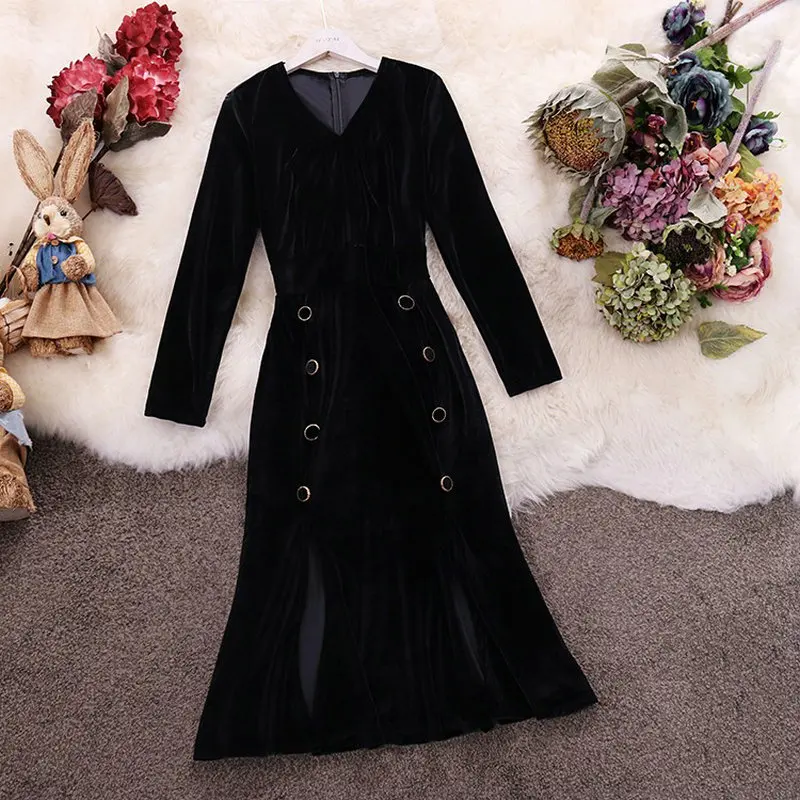 

HISUMA 2019 winter new women's V-neck double breasted ruffles split velvet fairy fishtail dress female V collar mermaid dresses