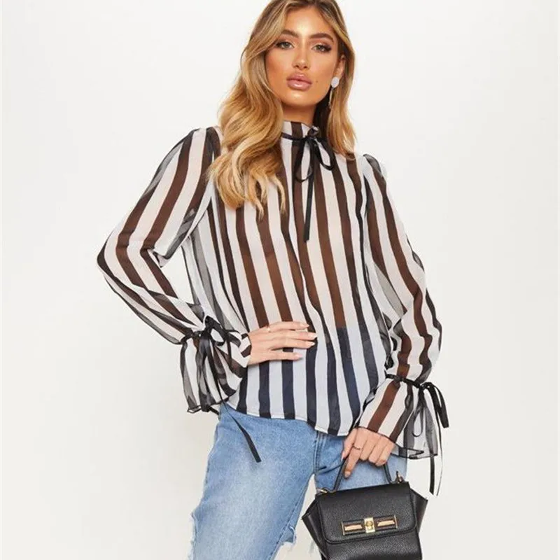 

Women Sheer Shirts Autumn Casual Half High Collar Pagoda Sleeve Top Stripe Printed See Through Loose Chiffon Blouse for Female