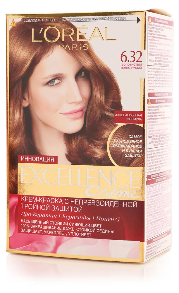 Крем-краска стойкая для волос L'Oreal Paris «Excellence», золотистый темно-русый, тон 6.32