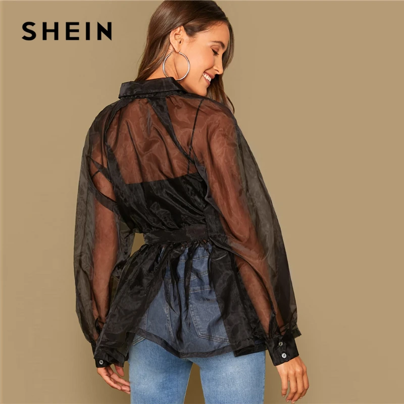 SHEIN, однотонная, с поясом, с баской, органза, Гламурная рубашка без бретелей, для женщин, осень, рукав-фонарик, с рюшами, для девушек, сексуальные блузки