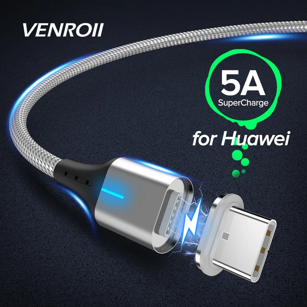 

Venroii 1m Magnetic USB Type C Cable Fast Charging USBC Cabo 5A Supercharge Type-C Phone Cord for Huawei P30 P20 Honor 20 10 Pro