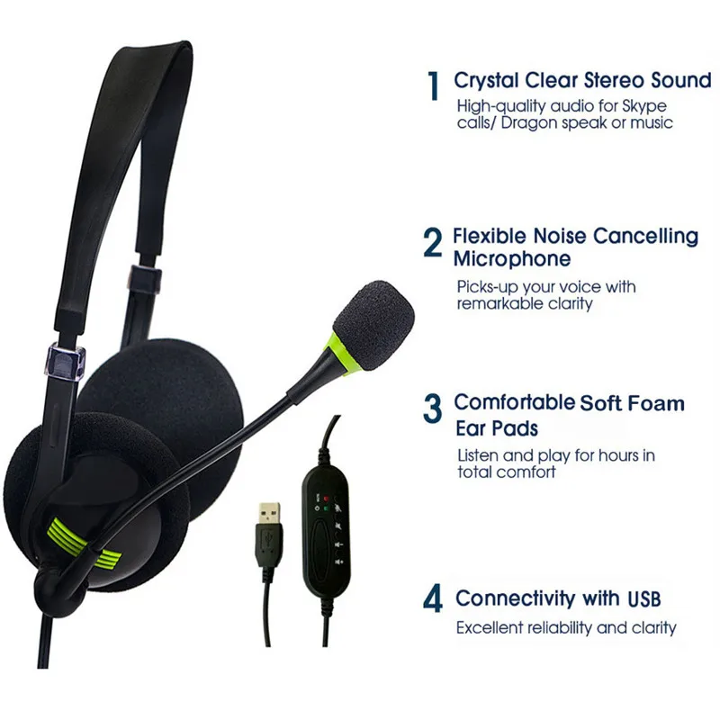 USB Computer Headset Wired Headphones with HD Mic Stereo Official Working Home Gaming Earphones for PC Laptop Mac School Kids
