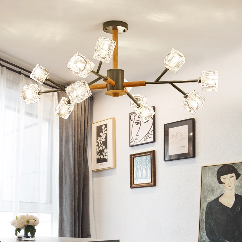 Nordic Wood Pendant Light LED Living Room Crystal Glass Pendant Lamp Living Dining Room Balcony Study Lighting Decor Luminaria