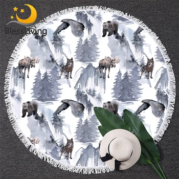 

BlessLiving Wild Animals Bath Towels For Adults Watercolor Round Beach Towel Natural Trees Beach Mat Bear Elk Wolf Playa Toalla