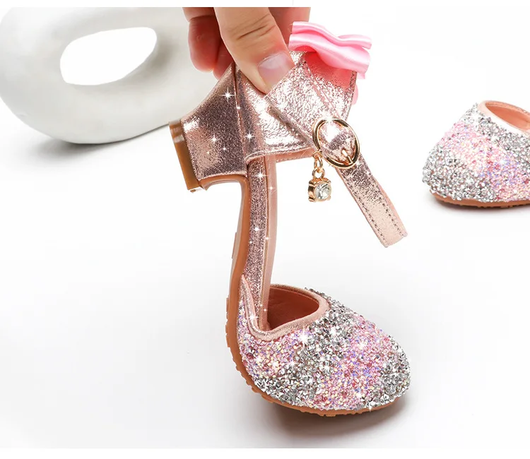 Обувь для вечеринок для девочек; сандалии принцессы; кожаные блестящие стразы; детская обувь с бантом; кроссовки «Эльза»; Детский Рождественский подарок