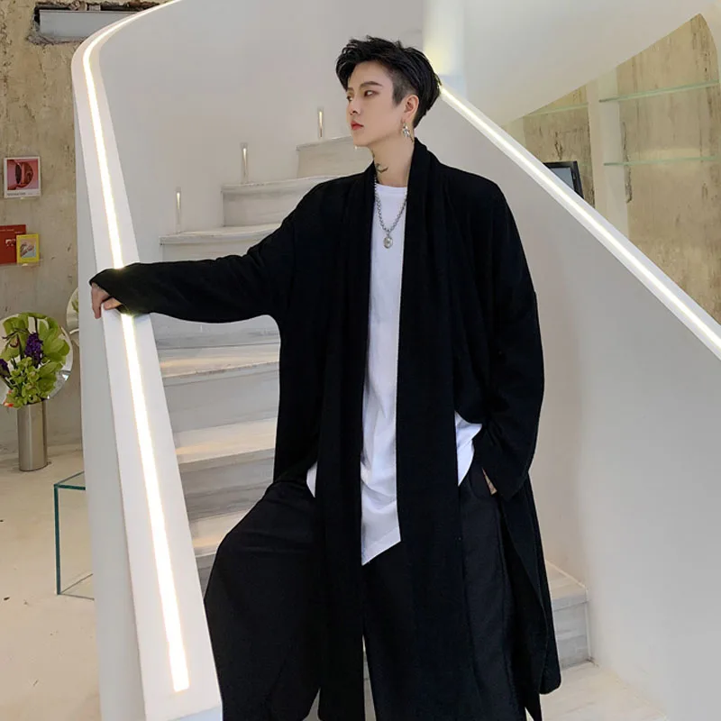 Мужской темно-черный японский стиль свободный длинный вязаный кардиган куртка мужская уличная хип-хоп Готическая верхняя одежда для кимоно накидка-Тренч пальто