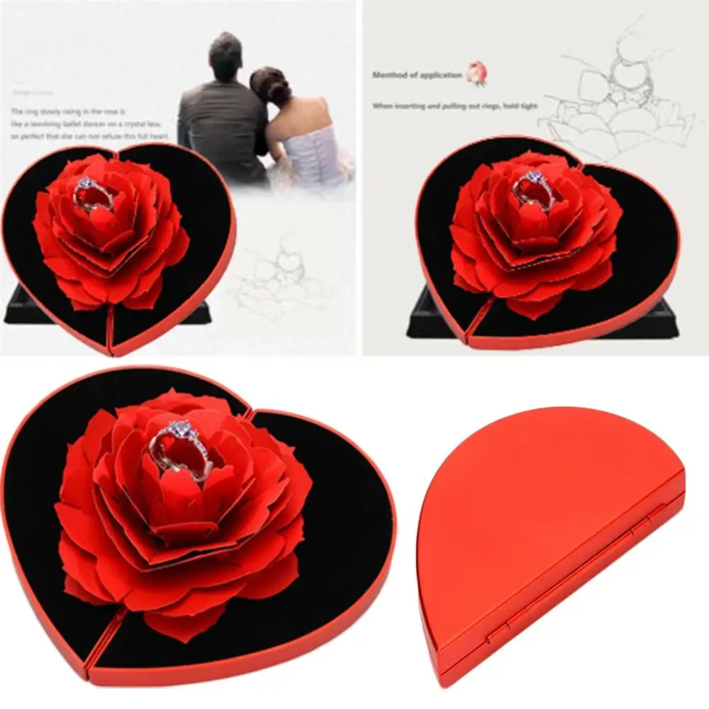 Heart shaped ring box rotating rose flower ring box 3D pop