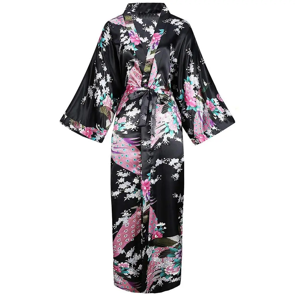 Цветочное кимоно с принтом Новинка лета новая атласная Домашняя одежда невесты свадебное платье Повседневная Длинная Ночная рубашка Неглиже - Цвет: Black B