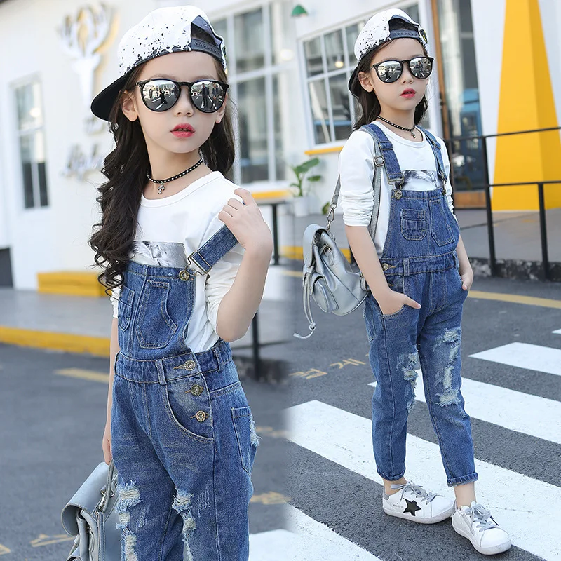 Childrenswear Spring Girls Korean-style Autumn New Style with Holes Cowboy Suspender Pants