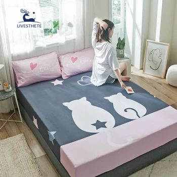 

Liv-Esthete Cat Friends Fitted Sheet 100% Cotton Mattress Cover Queen King Bed Sheet On Elastic Band Bed Linen For Adult Kids