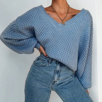 

Women's sweaters V-Neck Long sleeve loose knit pullover autumn Solid Autumn winter sweater women Casual Ladies Fall Sweater