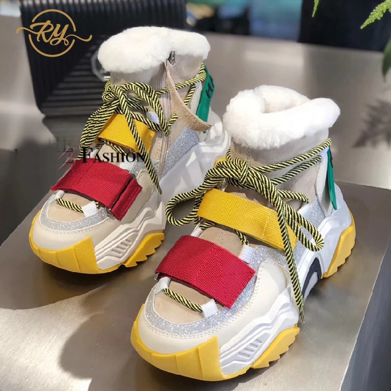 Goedkoop RY RELAA vrouwen sneakers 2018 mode Echt Leer winter Plus fluwelen ins stijl platform casual schoenen vrouwen hoge top sneakers