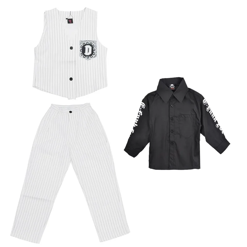 white 3pcs Детская Одежда для танцев в стиле хип-хоп для девочек; сценический костюм; жилет; костюм в полоску; 3 цвета; костюмы для джазовых танцев для мальчиков; DQS3656 - Цвет: white 3pcs