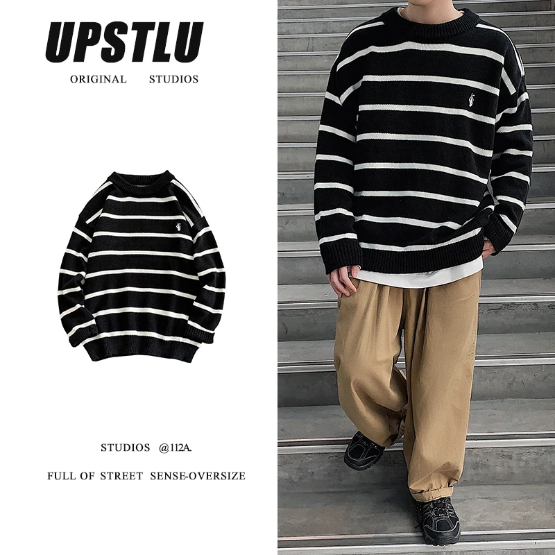 

2019 Autumn Men's New Casual Contrast Color Striped Round Neck Knit Hoodies Loose Temperament Trend Cotton Harajuku