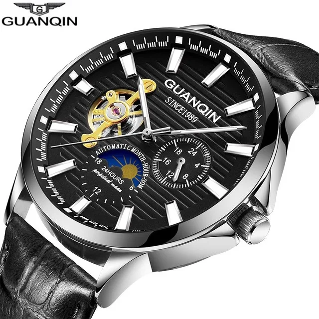 GUANQIN брендовые классические мужские модные часы автоматические механические часы с турбийоном из натуральной кожи водонепроницаемые деловые наручные часы - Цвет: E