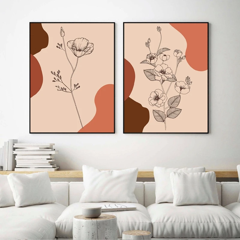 Botanical Flower Line Drawing Abstract Gallery Wall Art Canvas Painting Minimalist Beige Orange Floral Poster Prints Home Decor Painting Calligraphy Aliexpress