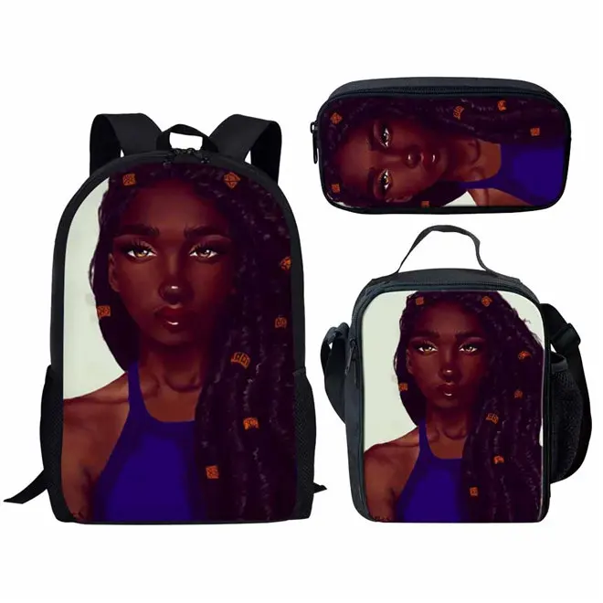 WHEREISART Kids Backpack Girls for School Black Art African Girls Design Bagpack Children 3pcs/set Schoolbag Bookbag Mochila - Цвет: YQ4580CGK
