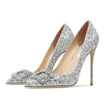 Chaussures en cuir véritable et cristal pour femmes, escarpins à talons hauts, à paillettes, à bout pointu, pour fête et mariage